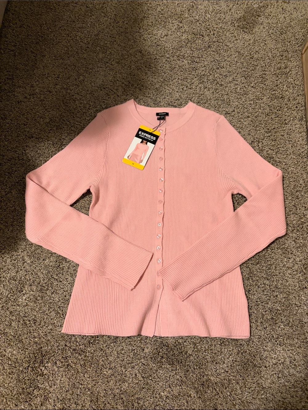 Express Light Pink Ribbed Button-Front Cardigan